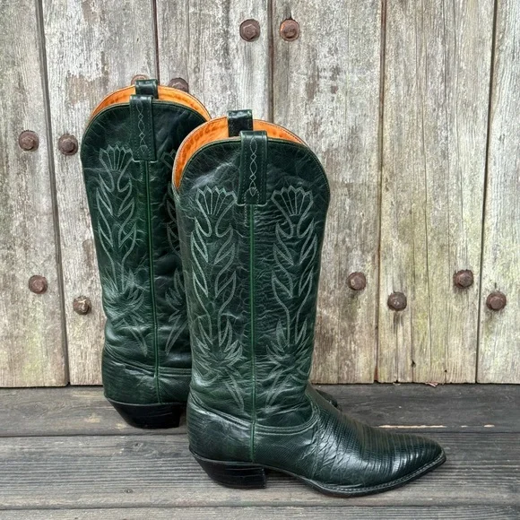Vintage J.Chisholm for Thieves Market Green Exotic Leather Women's Cowboy Boots - Picture 2 of 10